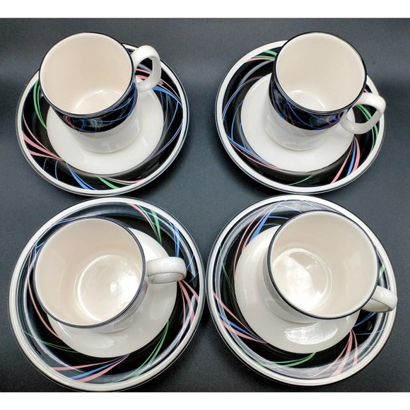 Vintage 80s Joan Luntz Sango Escapade Cup and Saucer set of 4 black pink blue - Picture 4 of 7